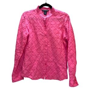 Saint Tropez West Linen Button Down Size L Pink Floral Eyelet Roll Tab Tropical